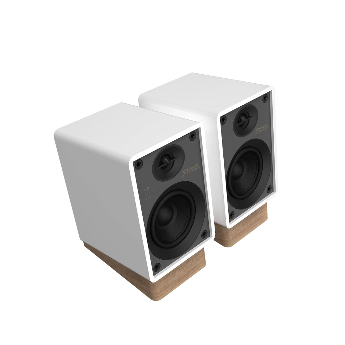 Angle view of Onkyo GX-10DB Powered Monitors in white