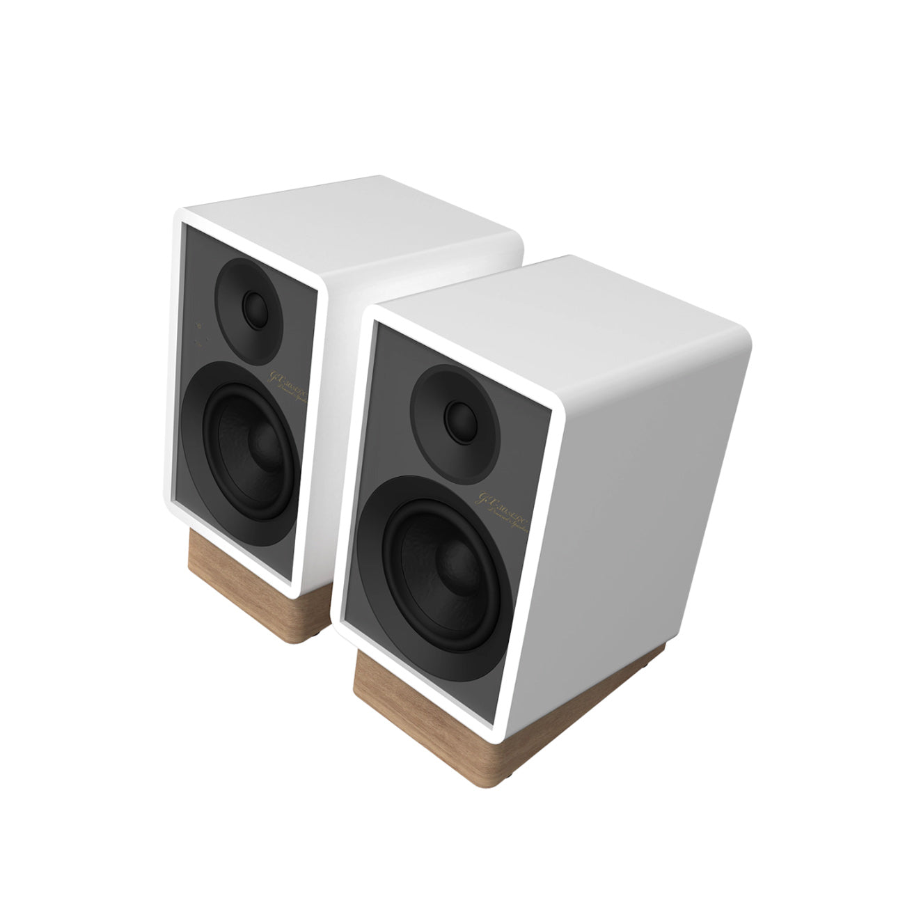Angle view of white Onkyo GX-30ARC Powered Monitors