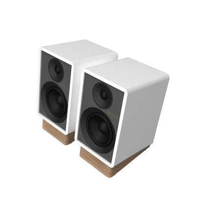 Angle view of white Onkyo GX-30ARC Powered Monitors