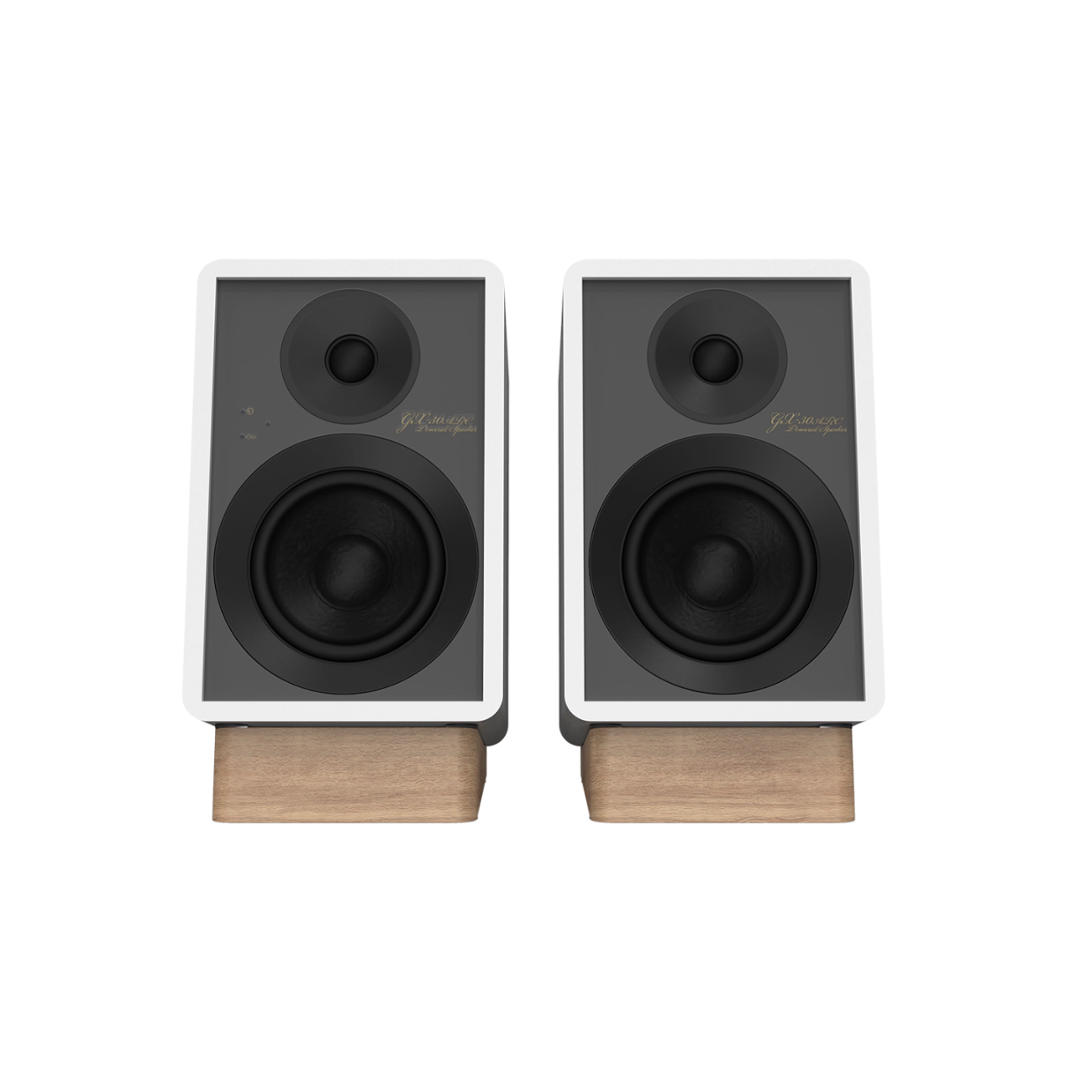 Front view of white Onkyo GX-30ARC Powered Monitors with no grilles