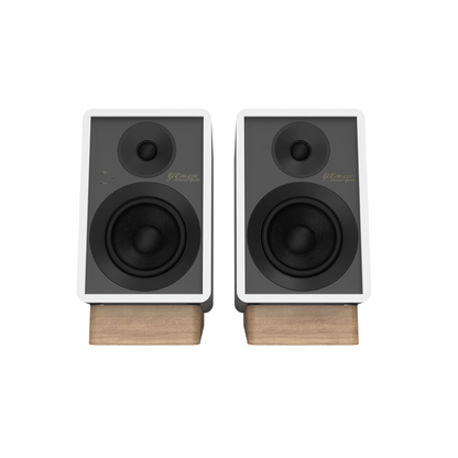 Front view of white Onkyo GX-30ARC Powered Monitors with no grilles