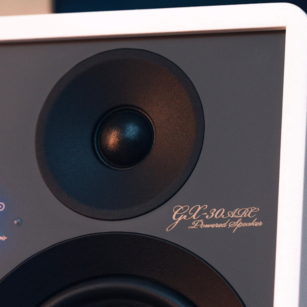 Close up of white Onkyo GX-30ARC Powered Monitors