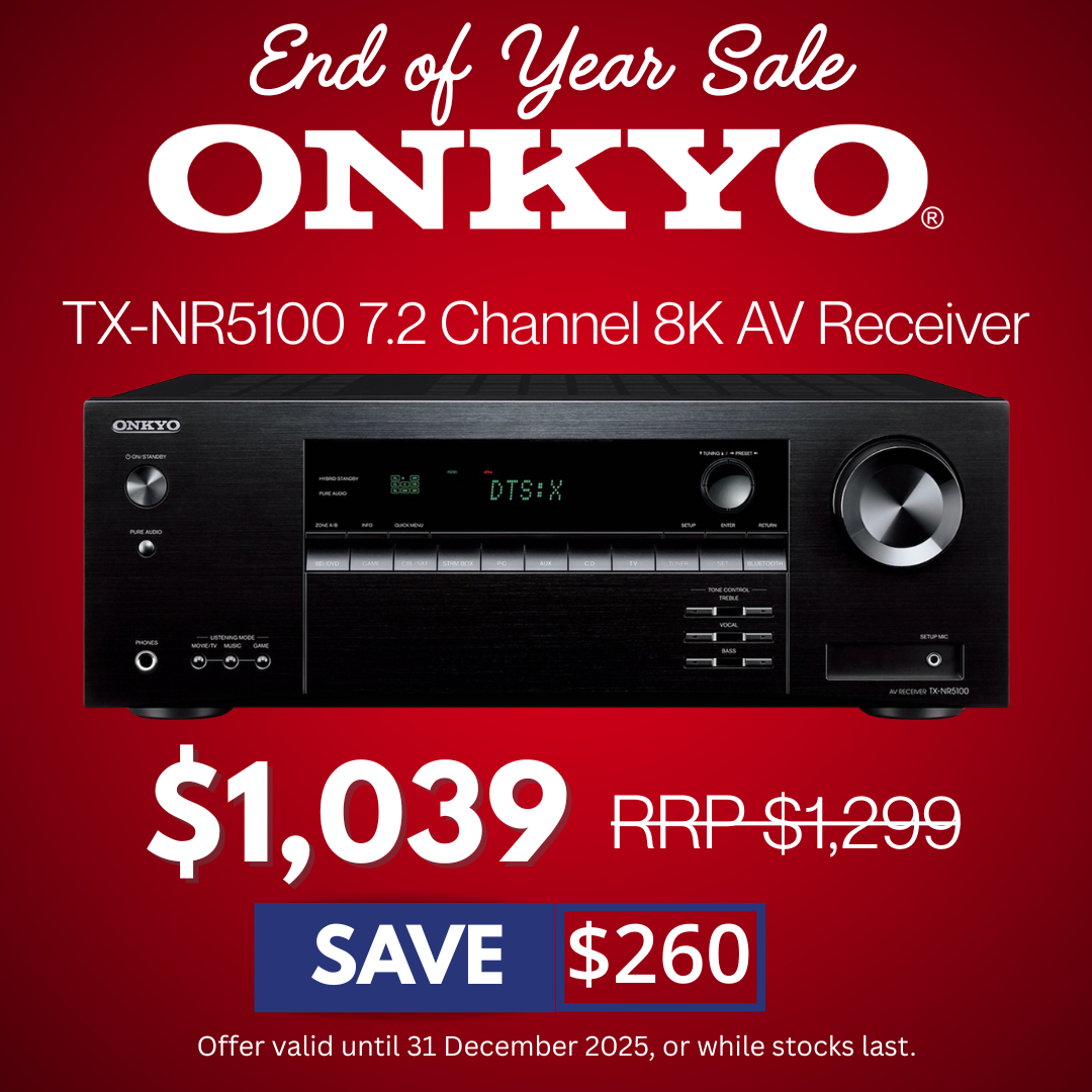 Onkyo TX-NR5100 7.2 Channel 8K AV Receiver on a red background with sale text.