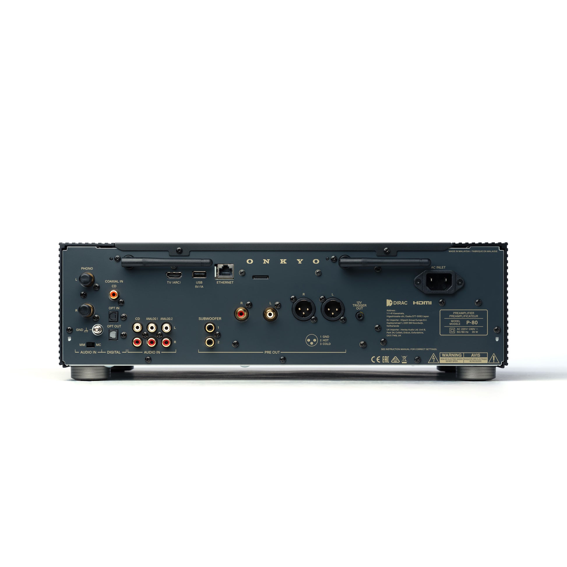 Back panel of black Onkyo P-80 Network Preamplifier