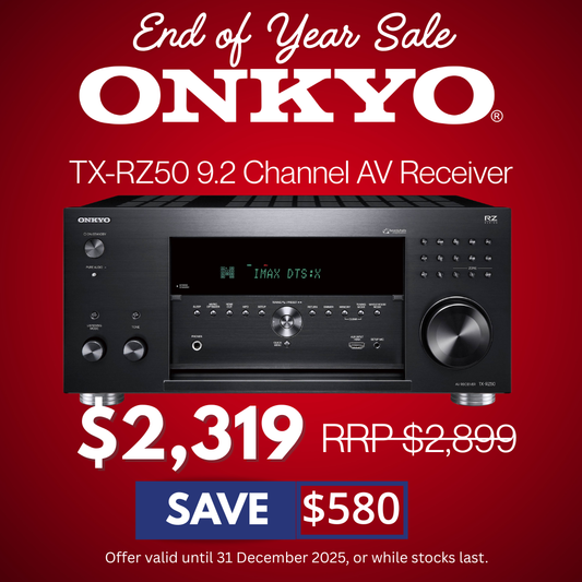 Onkyo TX-RZ50 9.2 Channel AV Receiver advertisement with price and savings on a red background