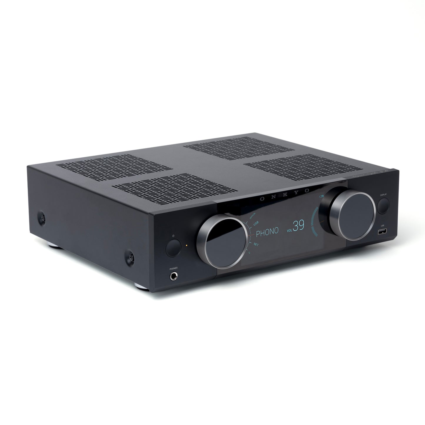 Black audio amplifier with control knobs on a white background