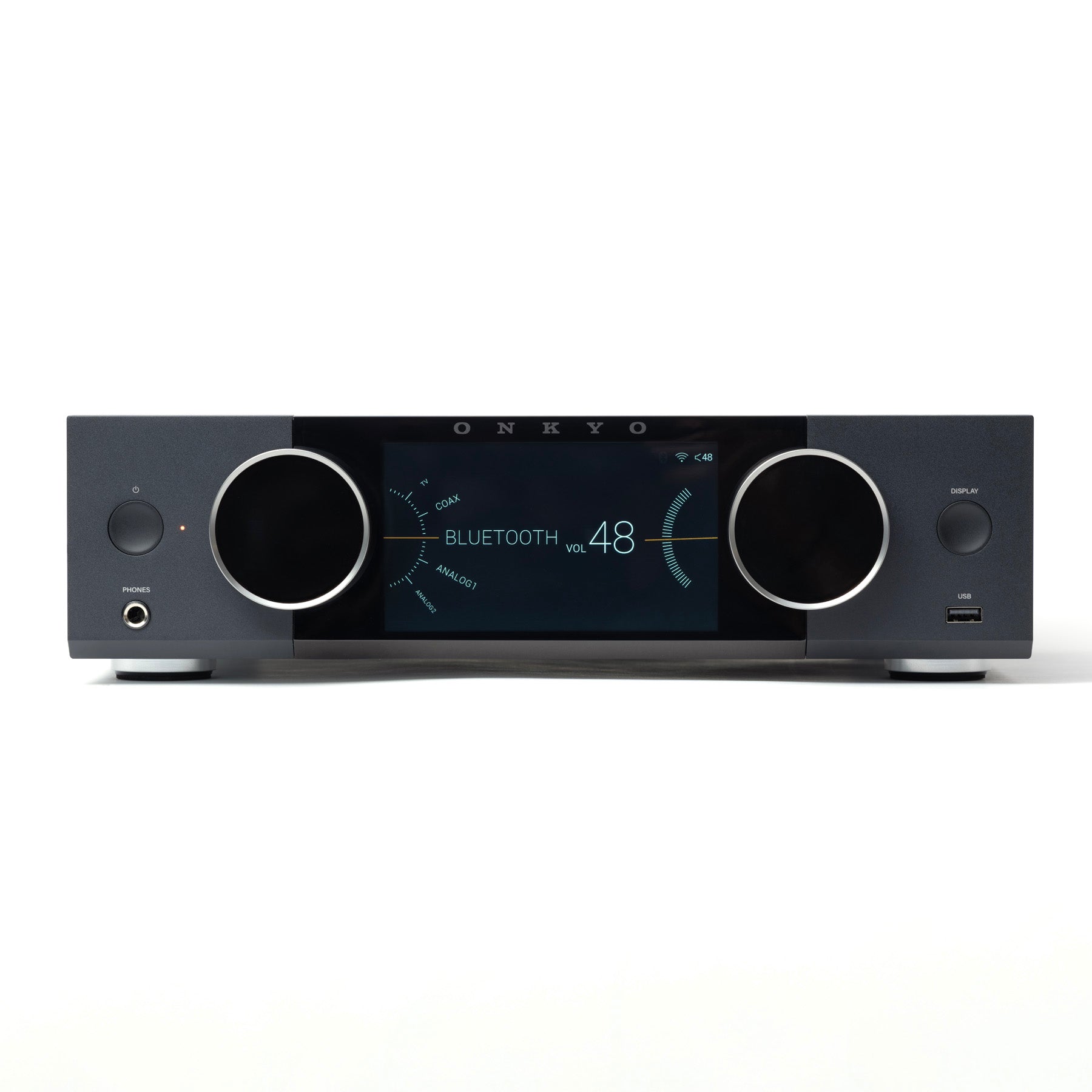 Front view of black Onkyo Muse Y-40 Network Integrated Amplifier