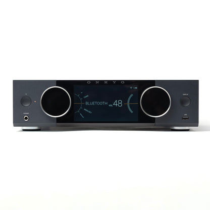 Front view of black Onkyo Muse Y-40 Network Integrated Amplifier