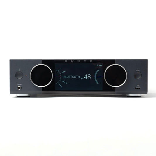 Front view of black Onkyo Muse Y-40 Network Integrated Amplifier
