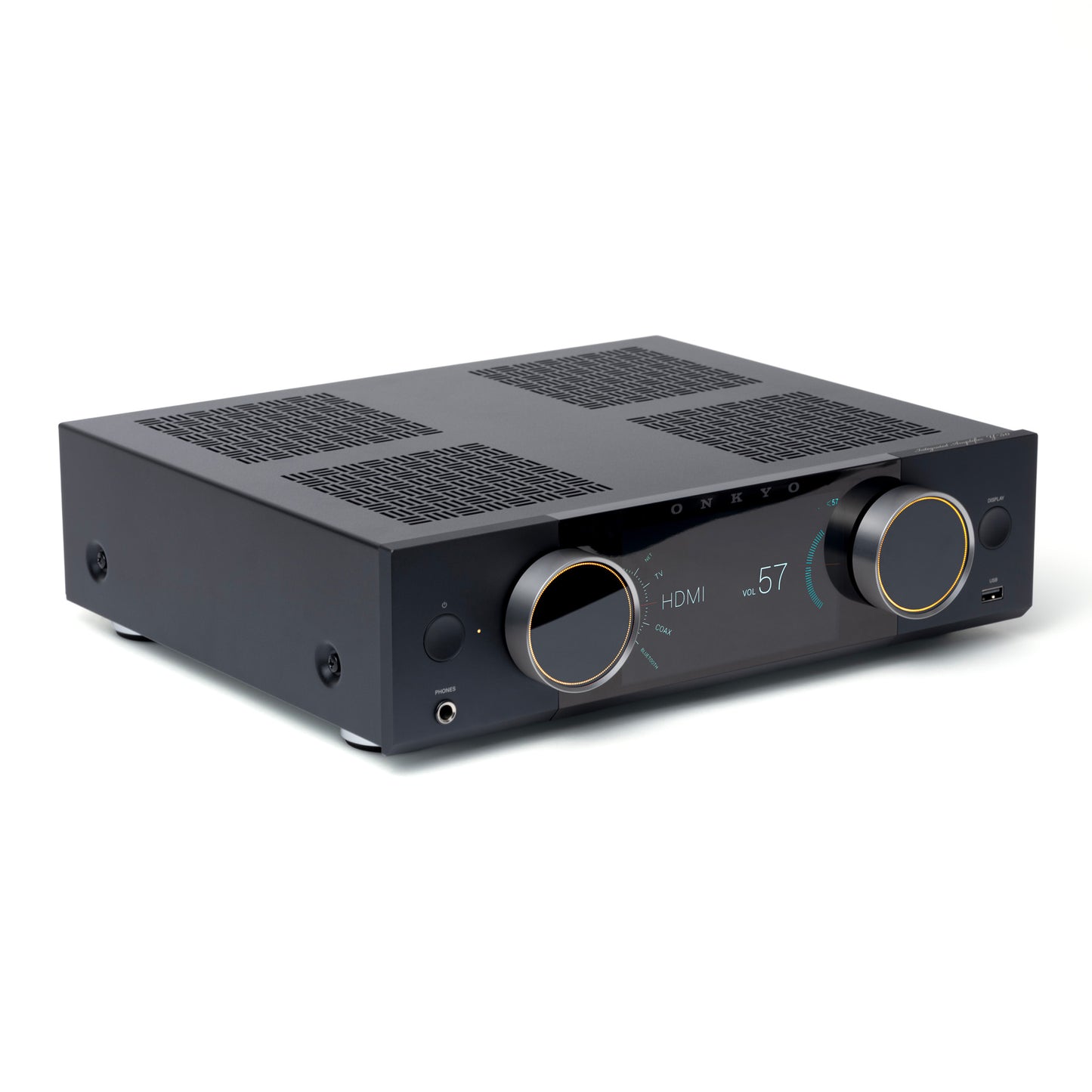 Top angle of black Onkyo Muse Y-50 Network Integrated Amplifier on white background