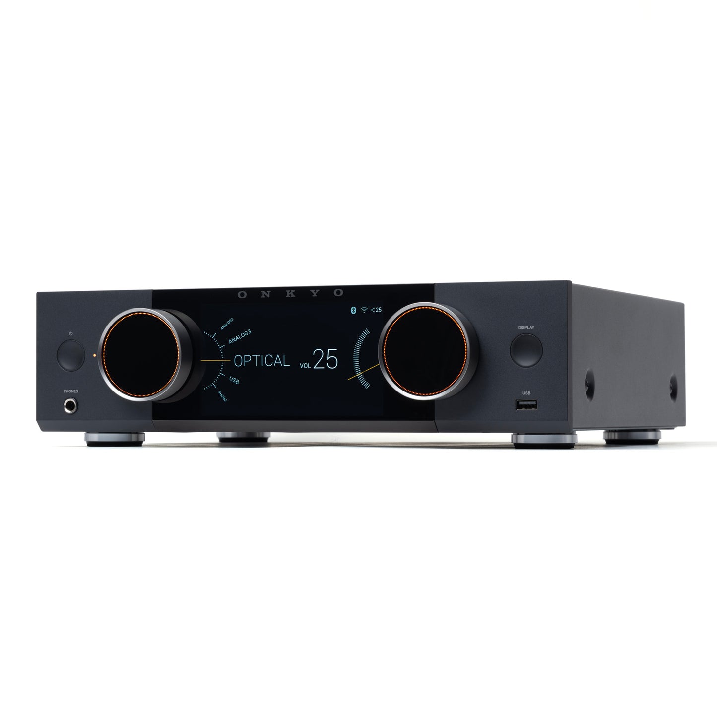 Front angle of black Onkyo Muse Y-50 Network Integrated Amplifier on white background
