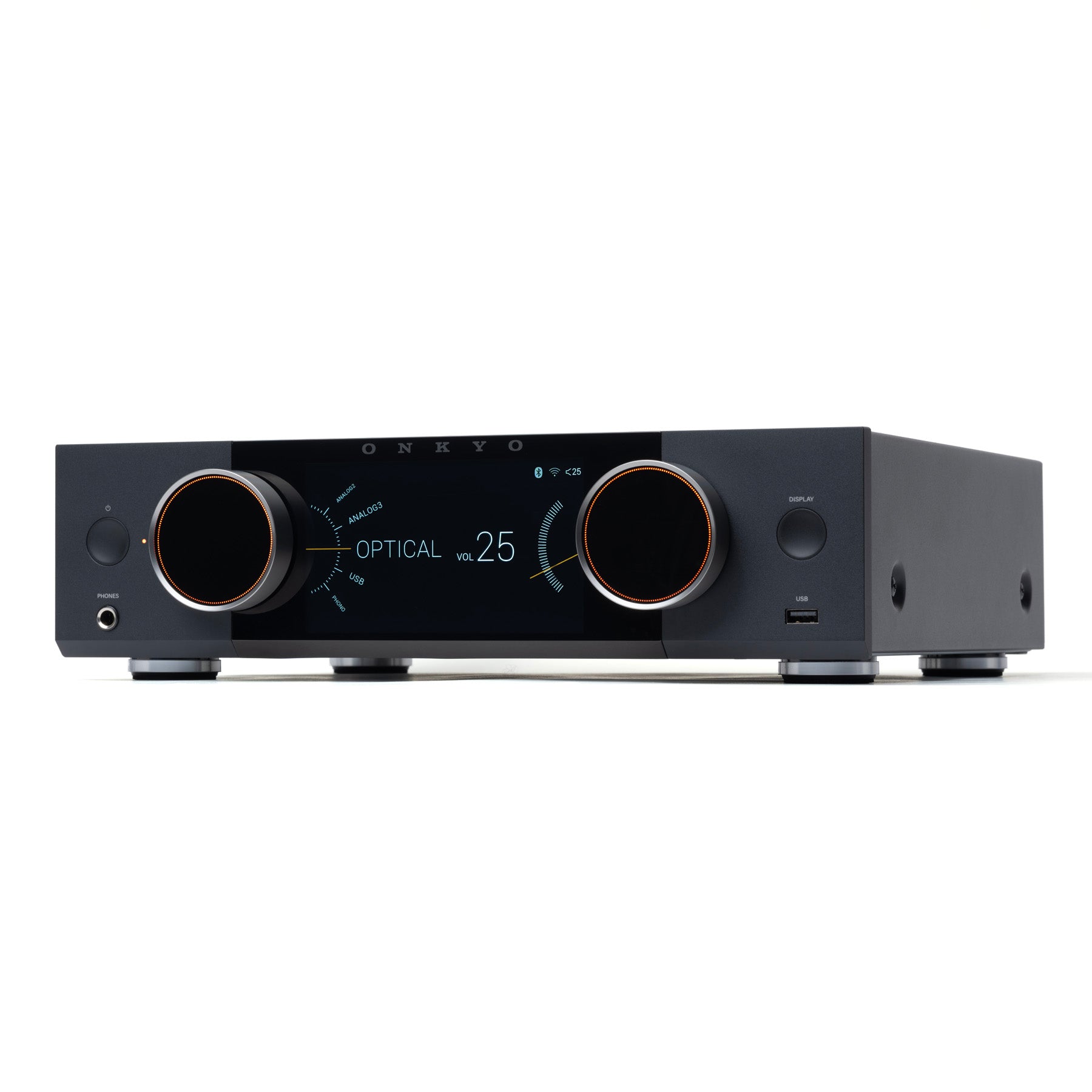 Front angle of black Onkyo Muse Y-50 Network Integrated Amplifier on white background
