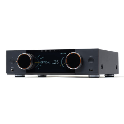 Front angle of black Onkyo Muse Y-50 Network Integrated Amplifier on white background