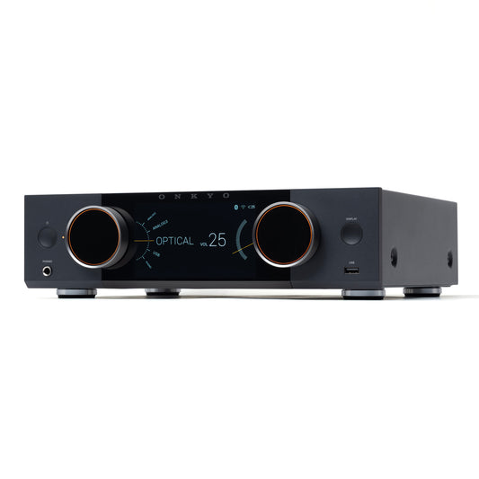 Front angle of black Onkyo Muse Y-50 Network Integrated Amplifier on white background