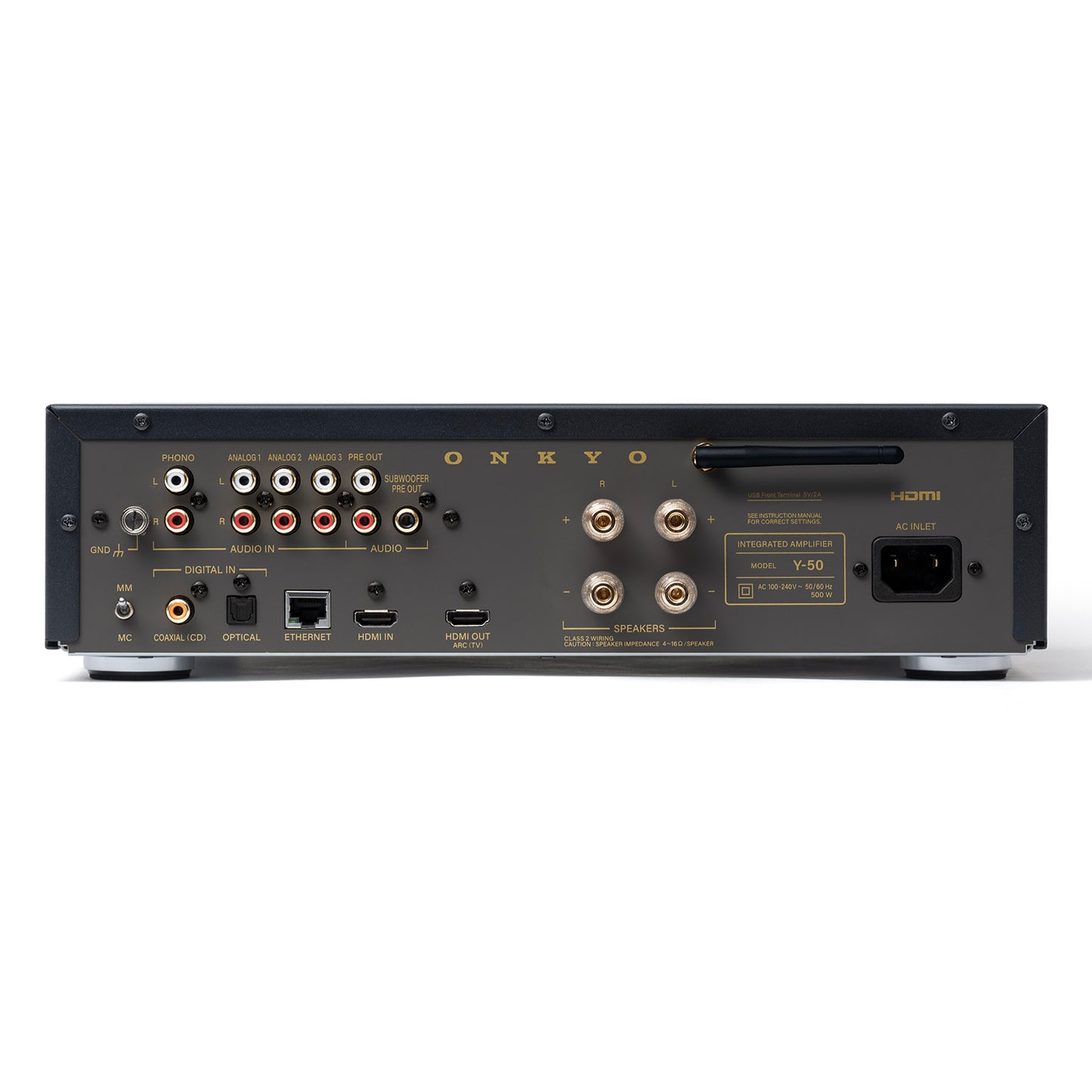 Back view of black Onkyo Muse Y-50 Network Integrated Amplifier on white background