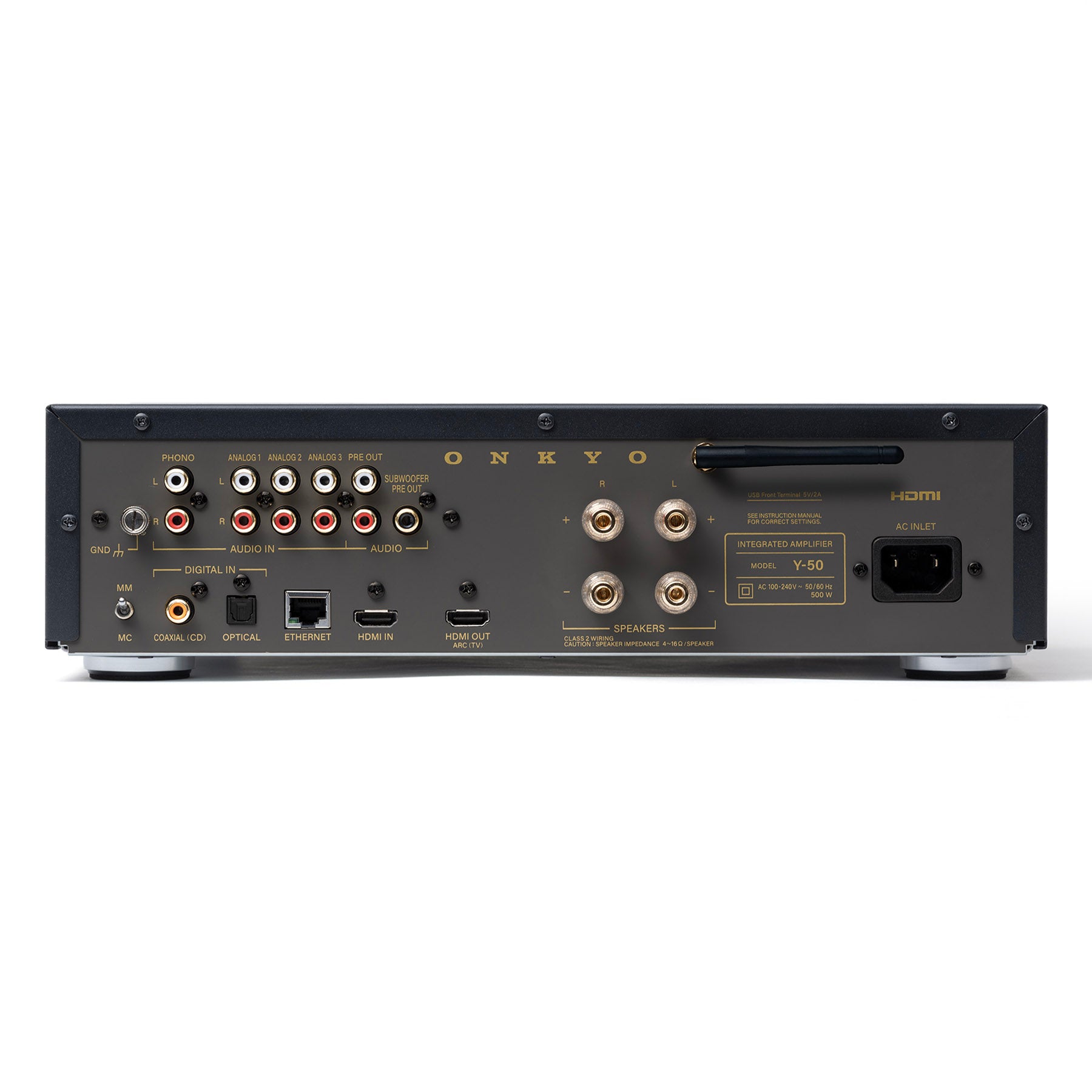Back view of black Onkyo Muse Y-50 Network Integrated Amplifier on white background