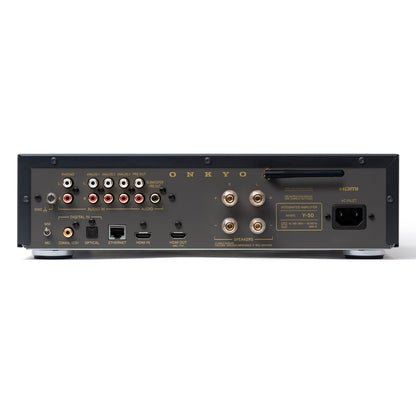 Back view of black Onkyo Muse Y-50 Network Integrated Amplifier on white background