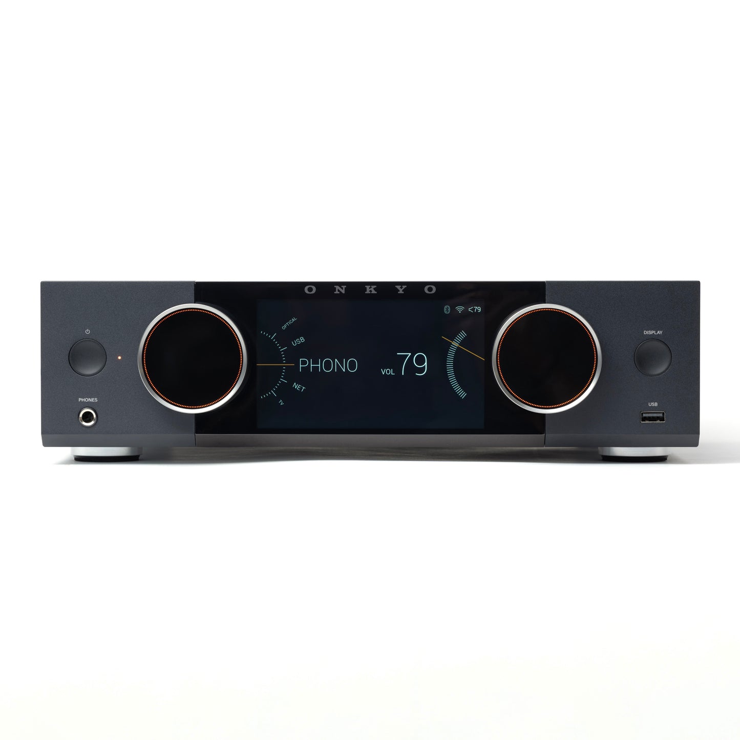 Front of black Onkyo Muse Y-50 Network Integrated Amplifier on white background