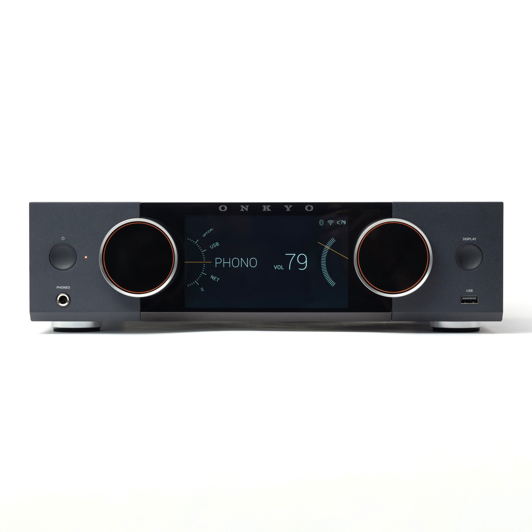 Front of black Onkyo Muse Y-50 Network Integrated Amplifier on white background
