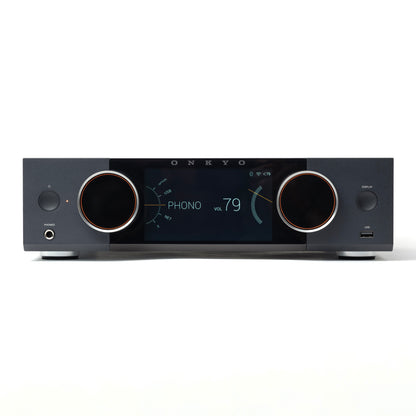 Front of black Onkyo Muse Y-50 Network Integrated Amplifier on white background