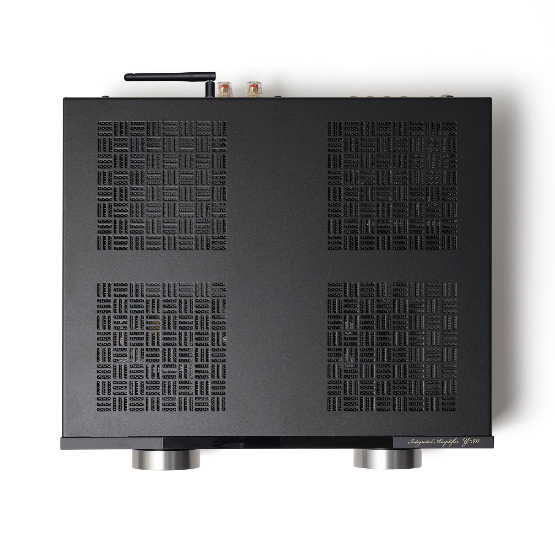 Top of black Onkyo Muse Y-50 Network Integrated Amplifier on white background