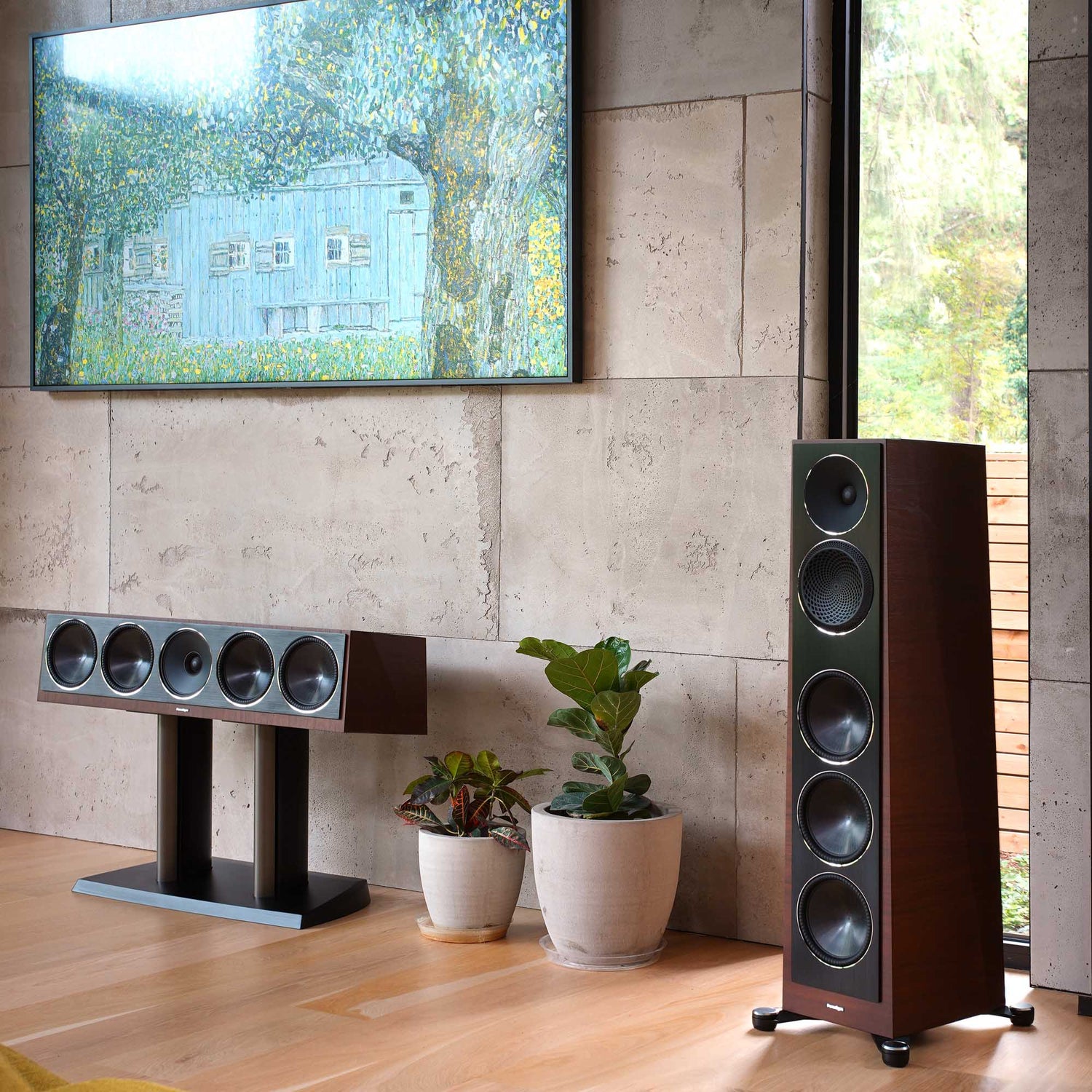 Paradigm centre and floorstanding in room with tv