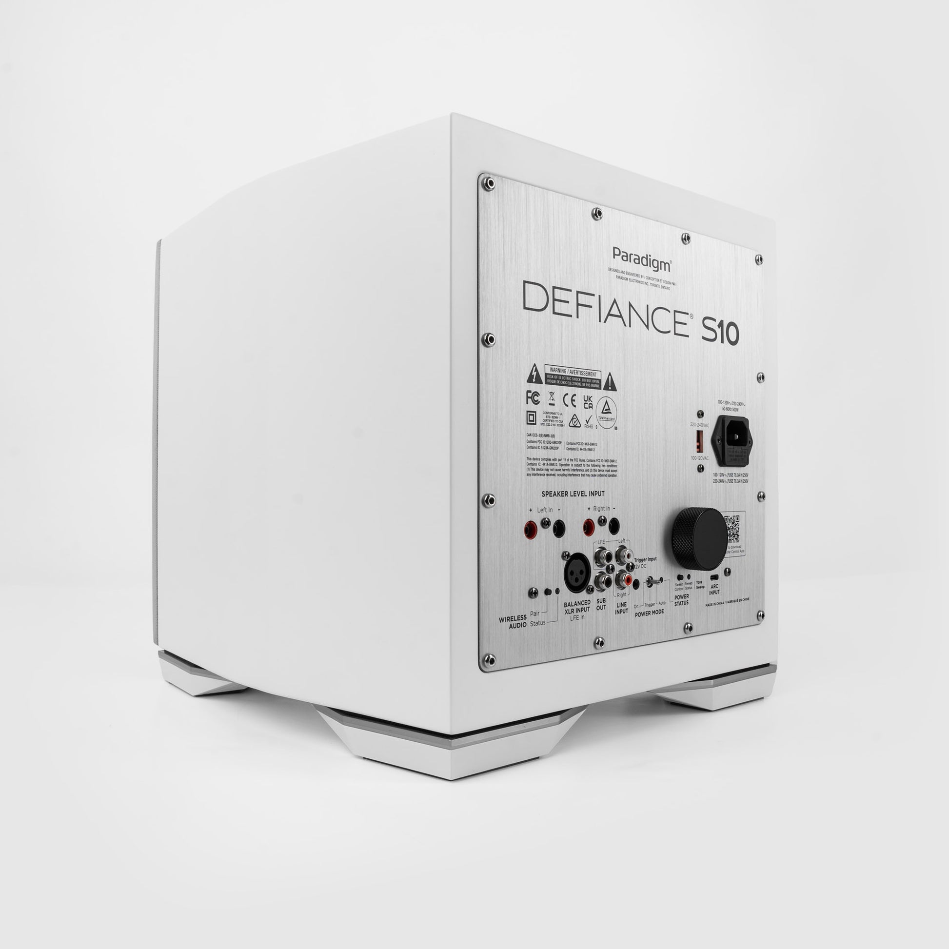 Back angle of Paradigm Defiance S10 Subwoofer in white