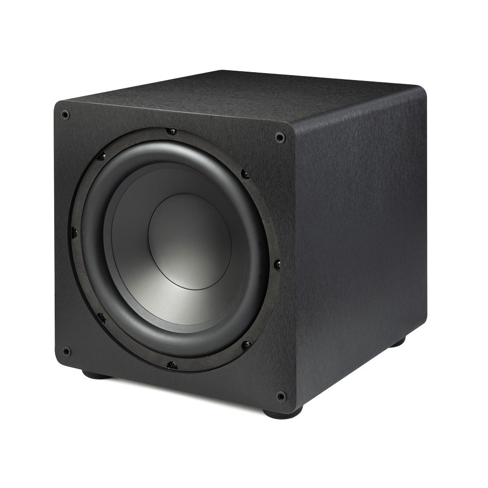 Black subwoofer on a white background