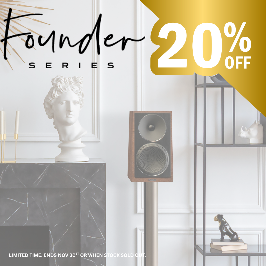 Advertisement for 'Founder Series' with a speaker and decorative items in a modern interior setting, featuring a 20% off discount offer.
