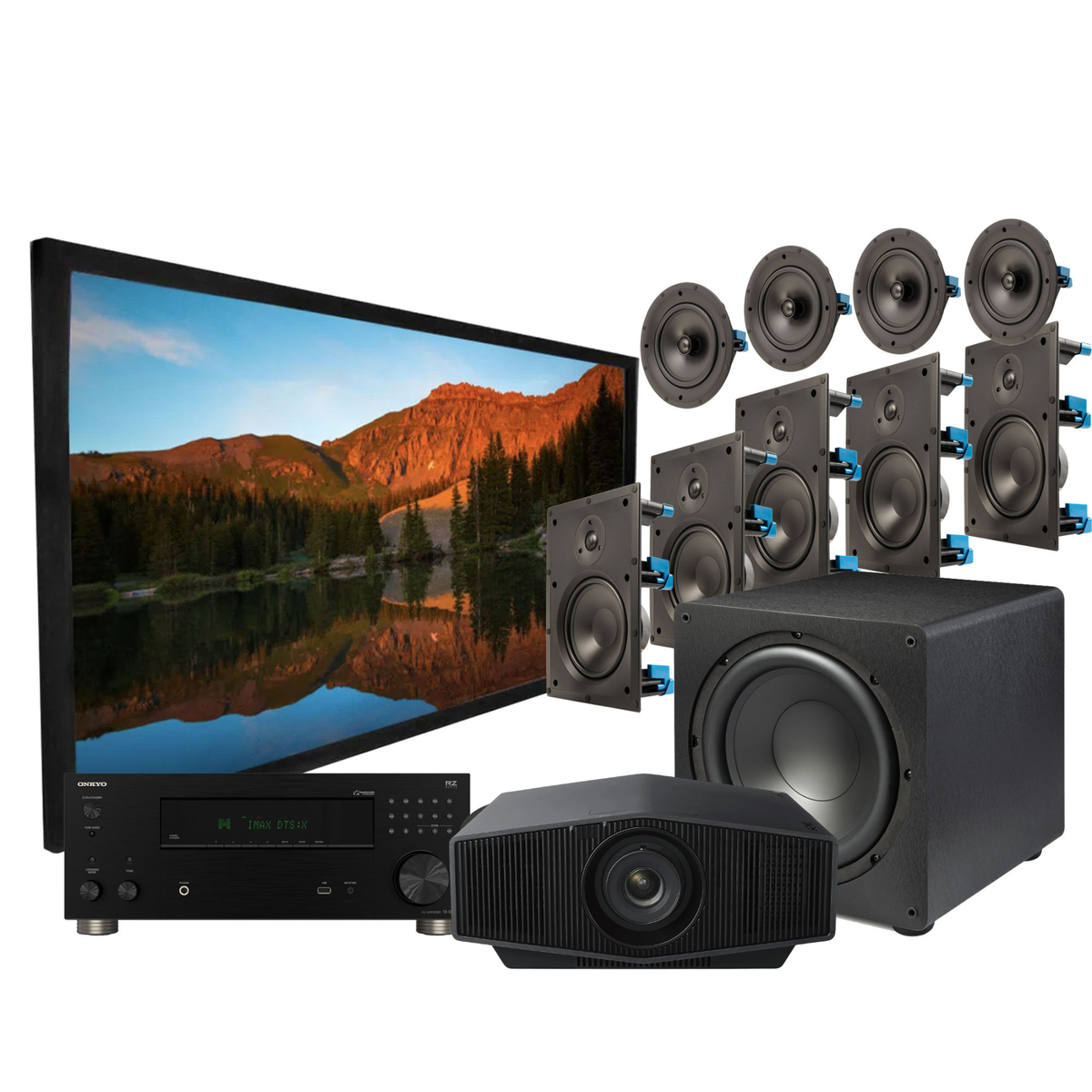 A home theater audio-visual bundle on a white background, including a large TV screen, a projector, a receiver, a subwoofer, and multiple wall and ceiling speakers.