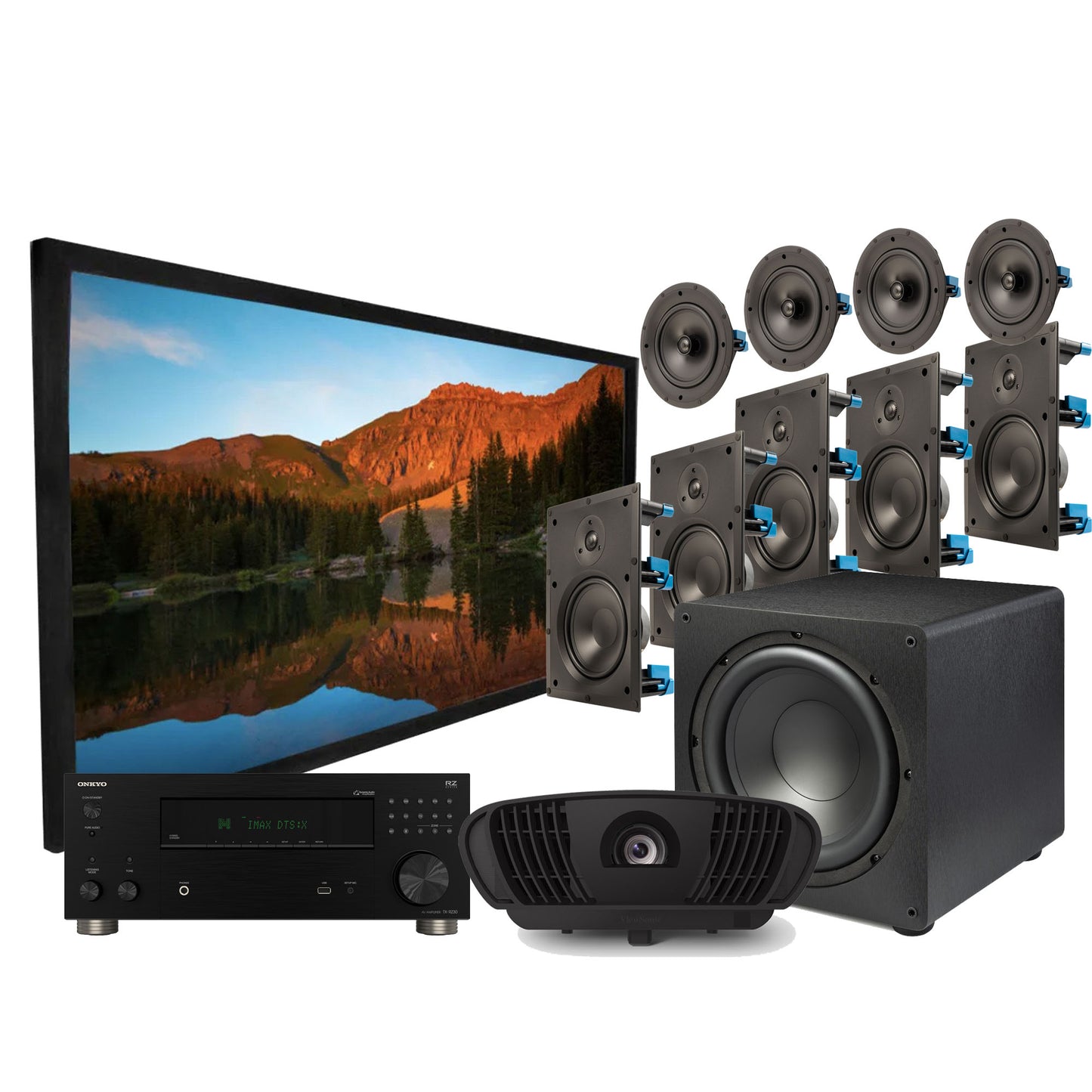 Home theater system with TV, speakers, and subwoofer on a white background