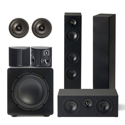 Set of black speakers including a subwoofer, tall and short speakers on a white background