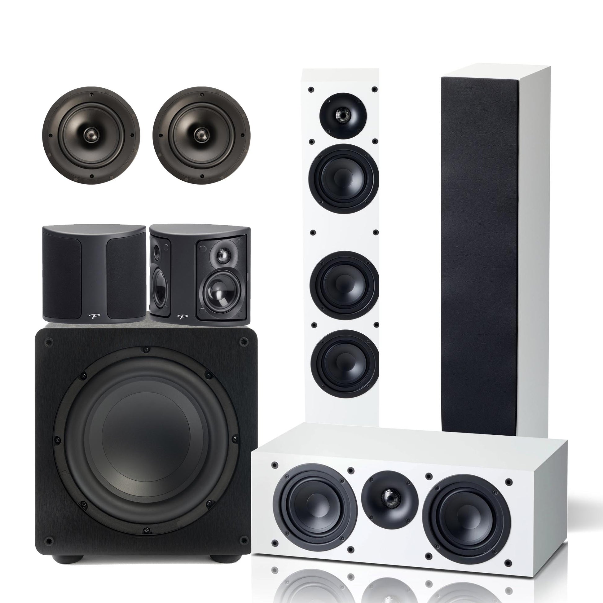 Collection of speakers including a subwoofer, tower speakers, and floor-standing speakers on a white background.