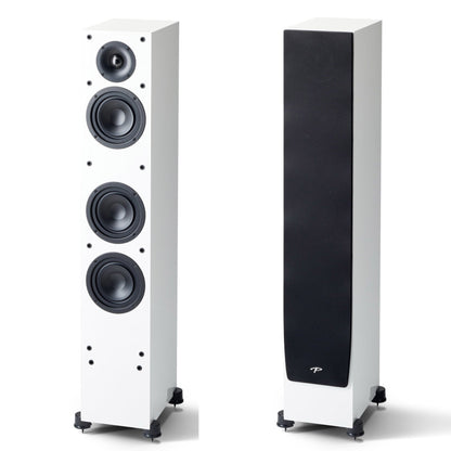 Pair of white floor-standing speakers on a white background