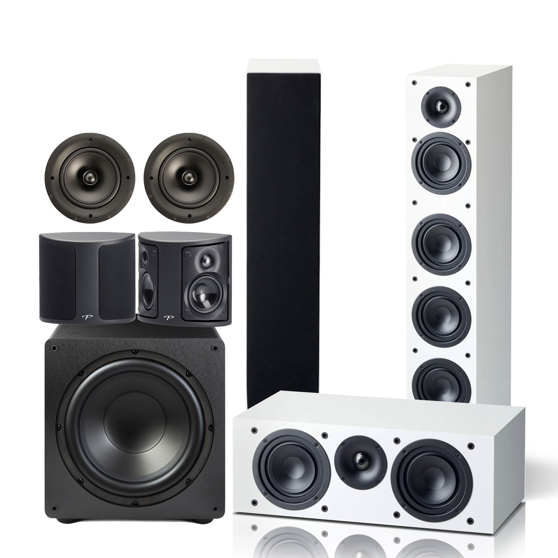 Collection of black and white speakers on a white background
