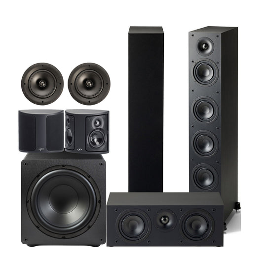 Set of black speakers including a subwoofer, floor-standing speakers, and satellite speakers on a white background.