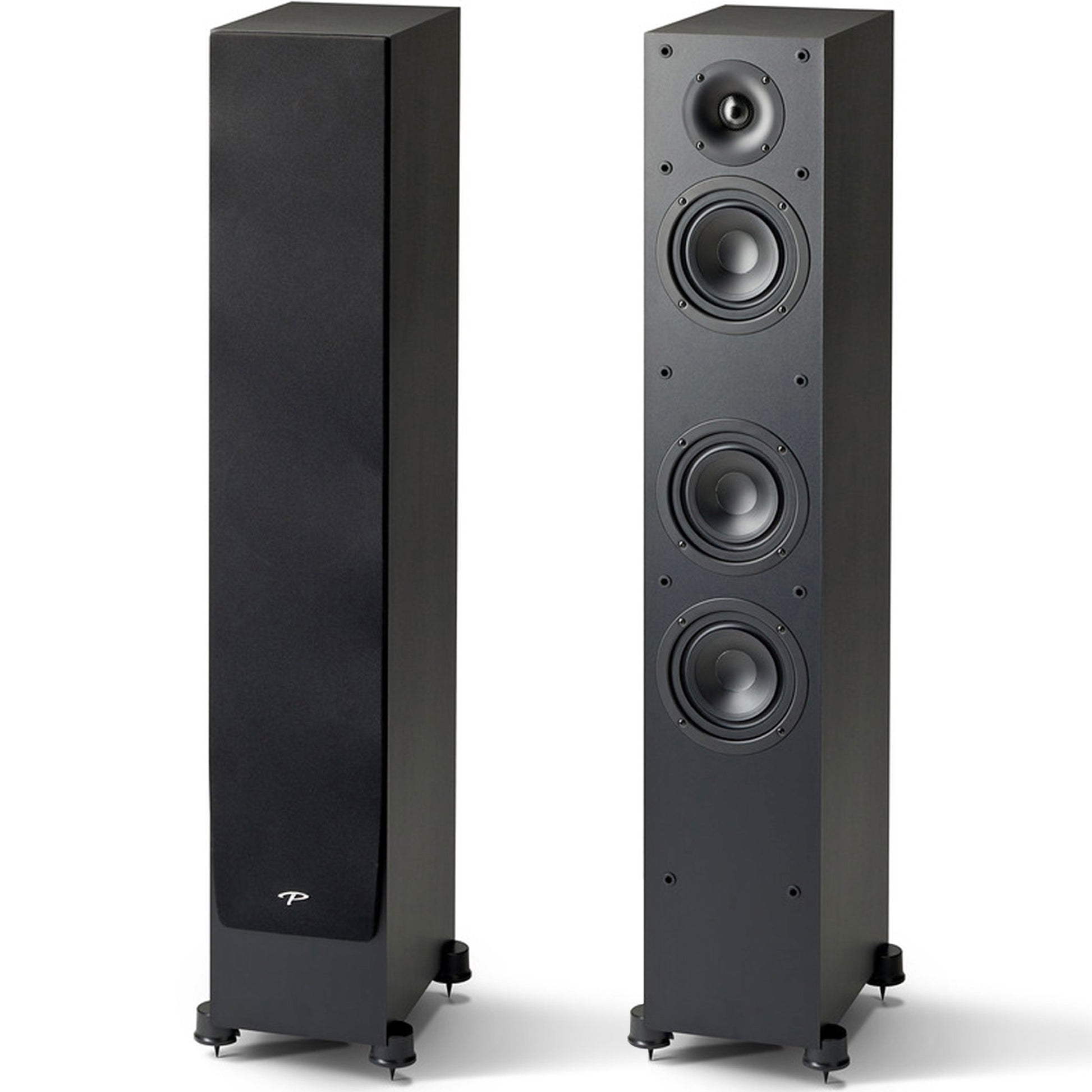 A pair of Paradigm Monitor SE 3000F floorstanding speakers in white color, featuring a 25mm dome tweeter, 140mm polypropylene cone midrange driver, and 140mm cone bass driver.