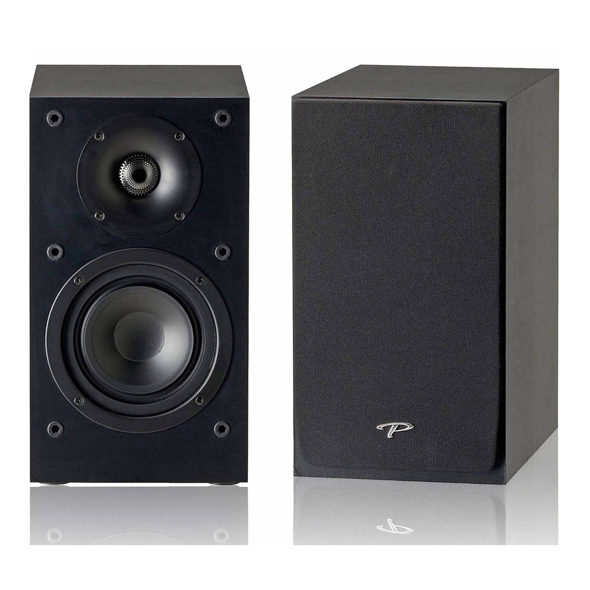 A pair of Paradigm Monitor SE Atom Speakers, one with the front panel removed, revealing the tweeter and driver, and the other showing the front view with the brand logo.