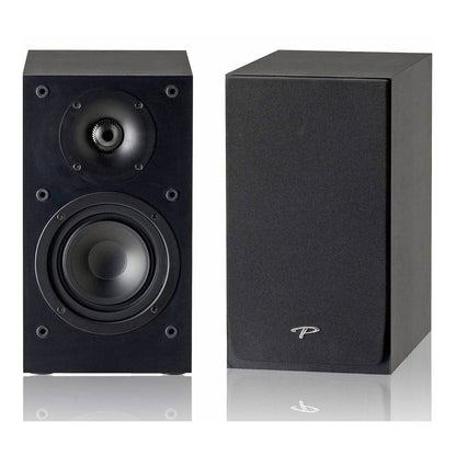 A pair of Paradigm Monitor SE Atom Speakers, one with the front panel removed, revealing the tweeter and driver, and the other showing the front view with the brand logo.
