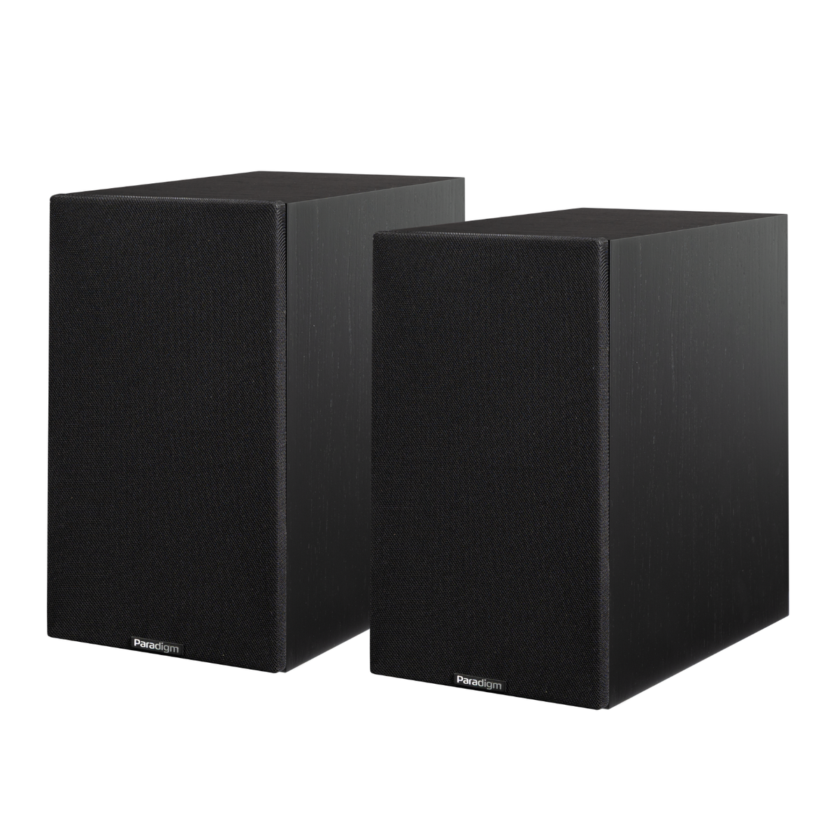 Pair of Black Walnut Paradigm Premier 120B v2 Bookshelf Speakers on white background with black grilles on