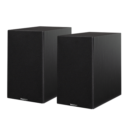 Pair of Black Walnut Paradigm Premier 120B v2 Bookshelf Speakers on white background with black grilles on