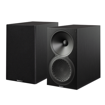 Pair of Black Walnut Paradigm Premier 120B v2 Bookshelf Speakers on white background