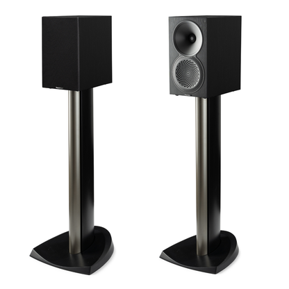 Pair of black bookshelf speakers on floor-stands on white background