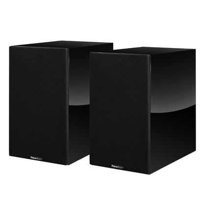 Black grilles on Paradigm Premier 120B v2 Bookshelf Speakers on white background