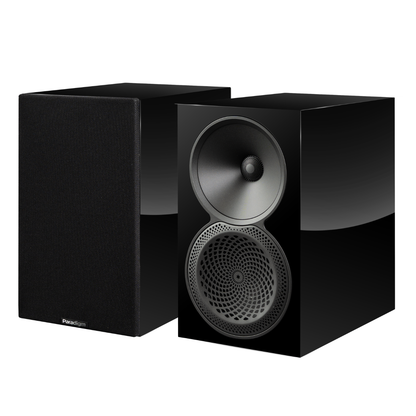 Pair of Piano Black Paradigm Premier 120B v2 Bookshelf Speakers on white background