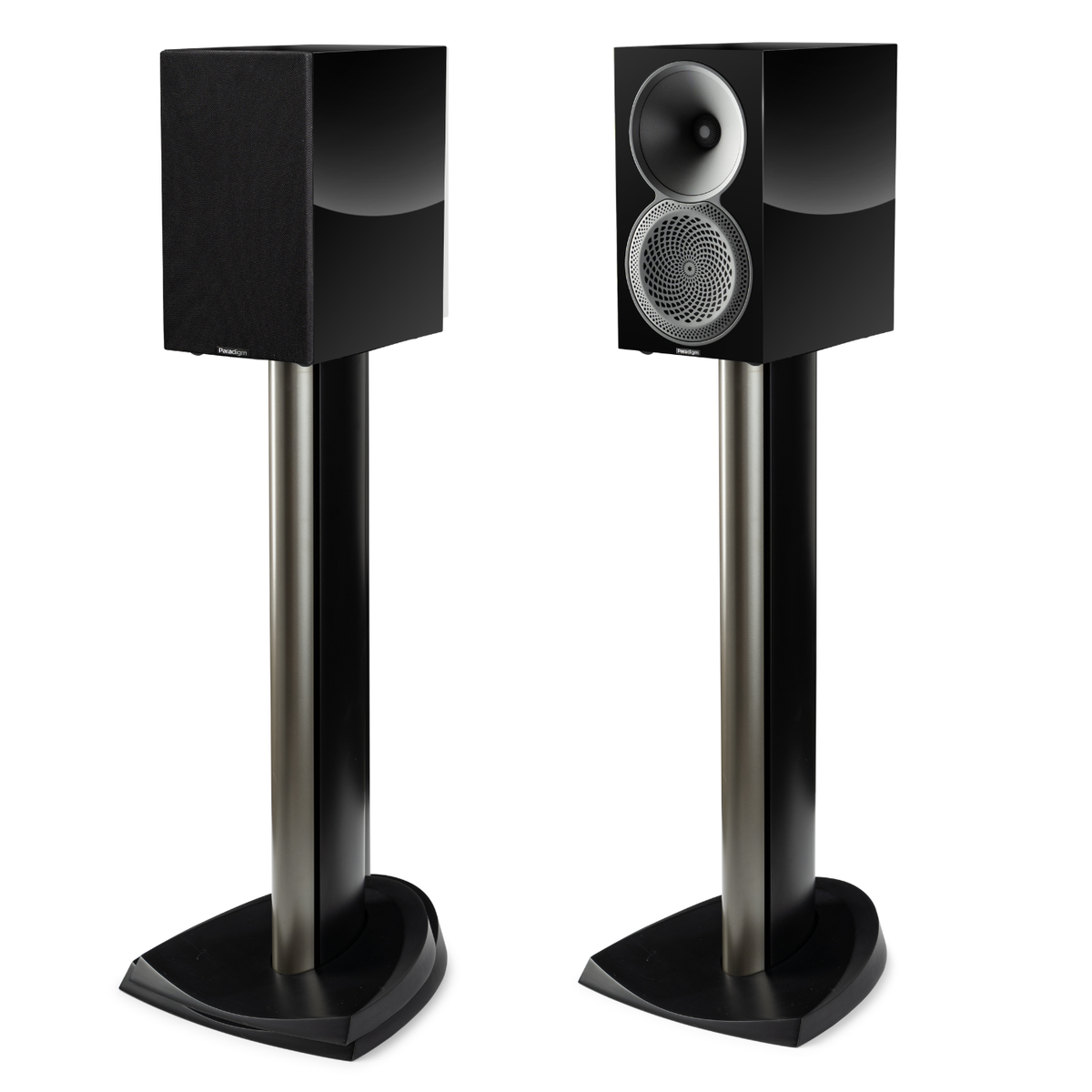 Pair of black bookshelf speakers on floor-stands on white background