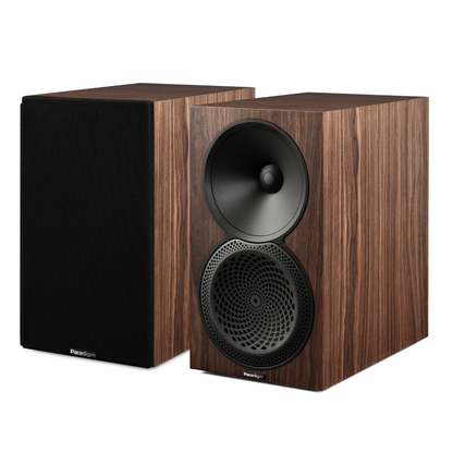 Pair of walnut Paradigm Premier 120B v2 Bookshelf Speakers on white background