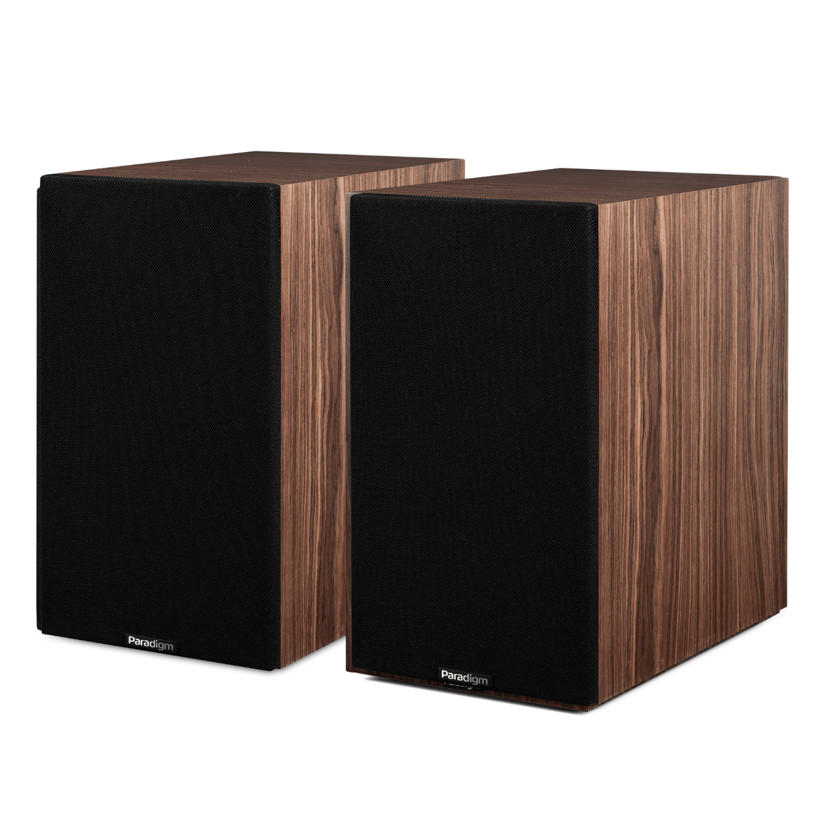 Black grilles on Paradigm Premier 120B v2 Bookshelf Speakers on white background