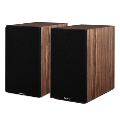 Black grilles on Paradigm Premier 120B v2 Bookshelf Speakers on white background