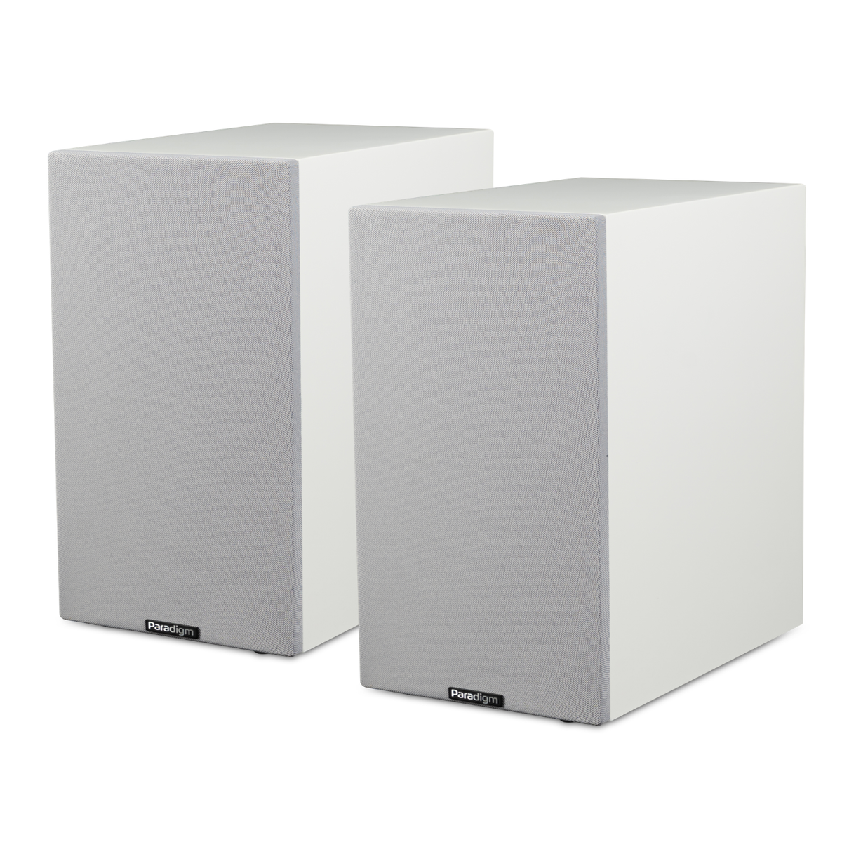 White pair of Paradigm Premier 120B v2 Bookshelf Speakers on white background with white grilles on